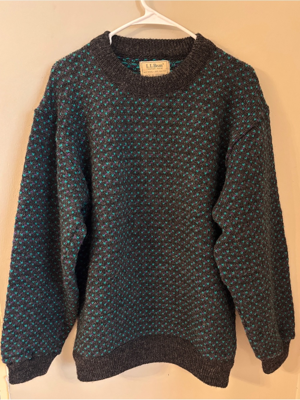 Vintage L.L. Bean Norwegian Birdseye Sweater Mens M Charcoal Teal Purple Wool